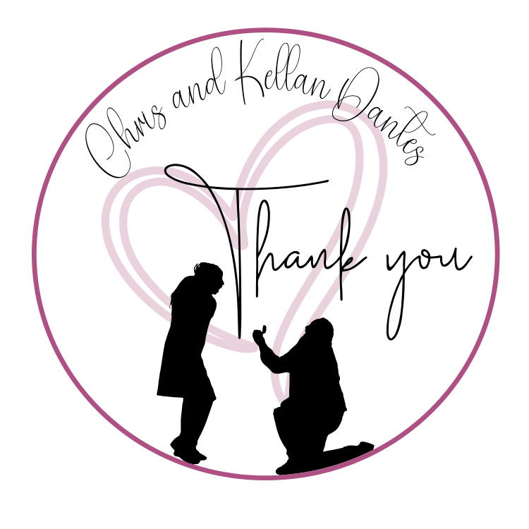A circle with an engagement silhouette in front of a heart and text saying "Thank You".